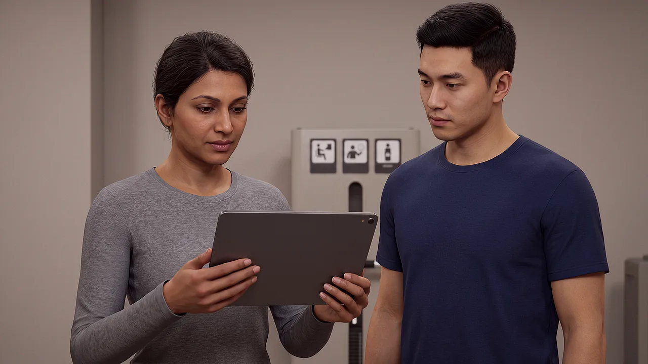 A learner and instructor display AR markers. A VR training scenario for augmented reality.