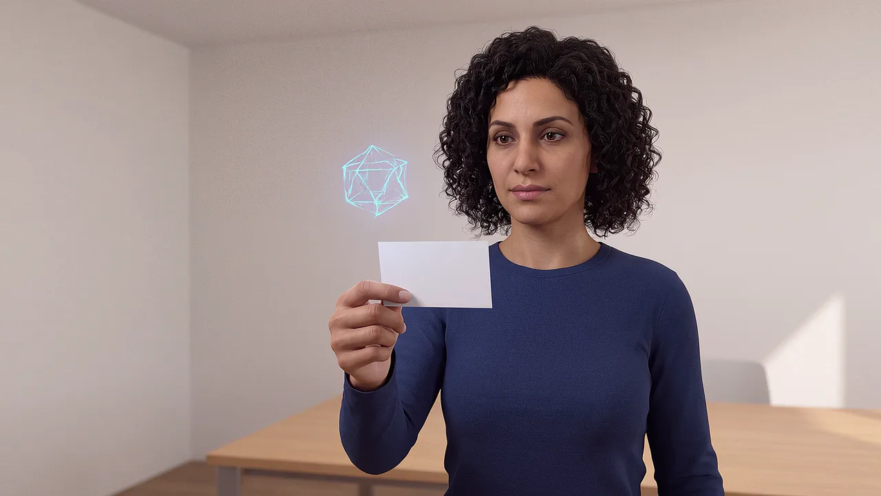 An AR figure appears above a card. A first person VR training scenario for augmented reality, seen through the headset.