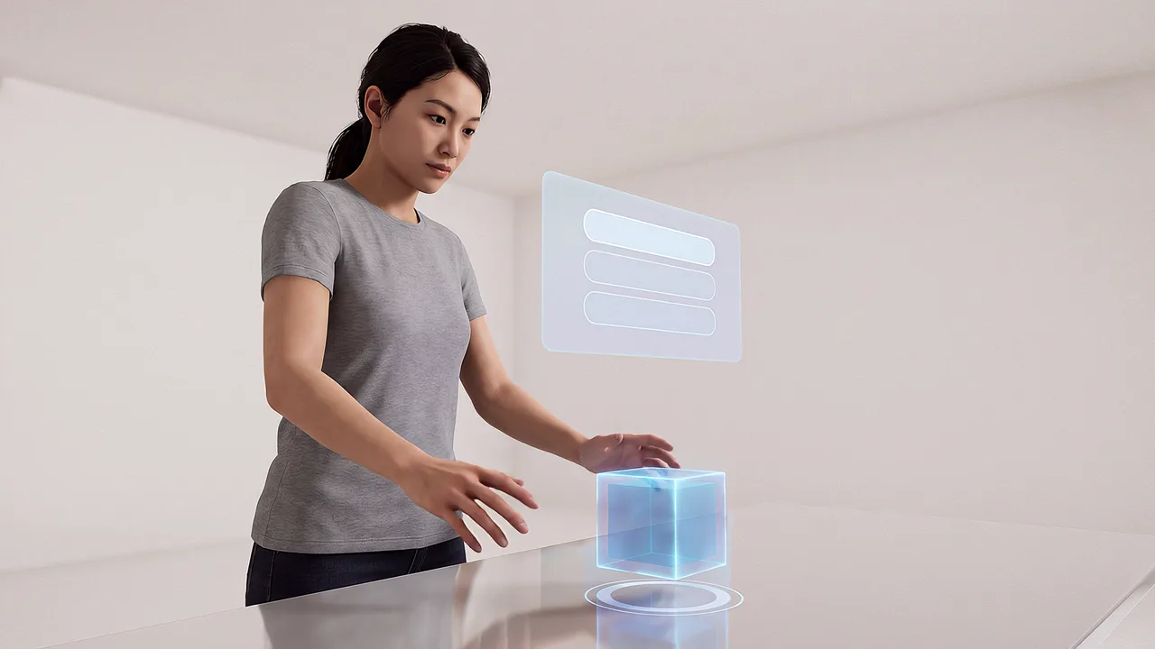 A digital cube hovers above a marker. A first person VR training scenario for augmented reality, seen through the headset.