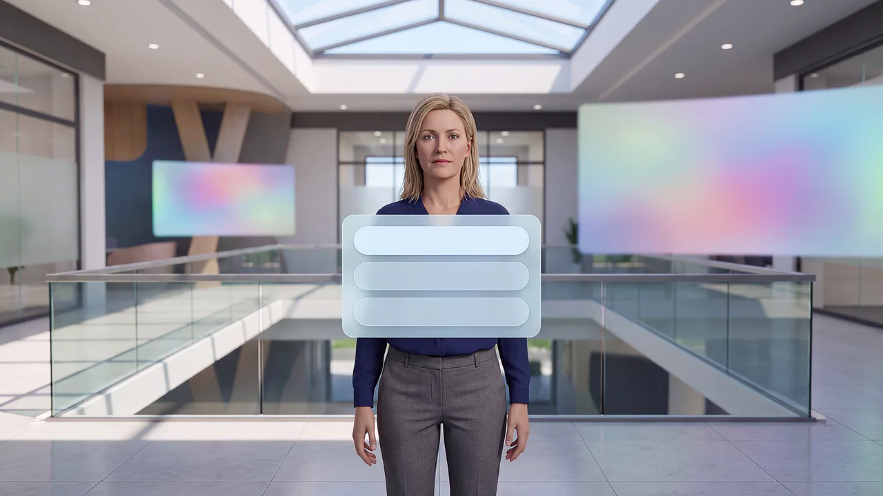 A woman stands in a bright atrium with a conversation panel in front of her, seen through the headset.