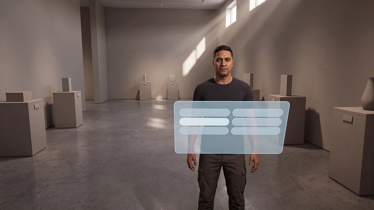 Light and dust fill a virtual museum hall, seen through the headset.