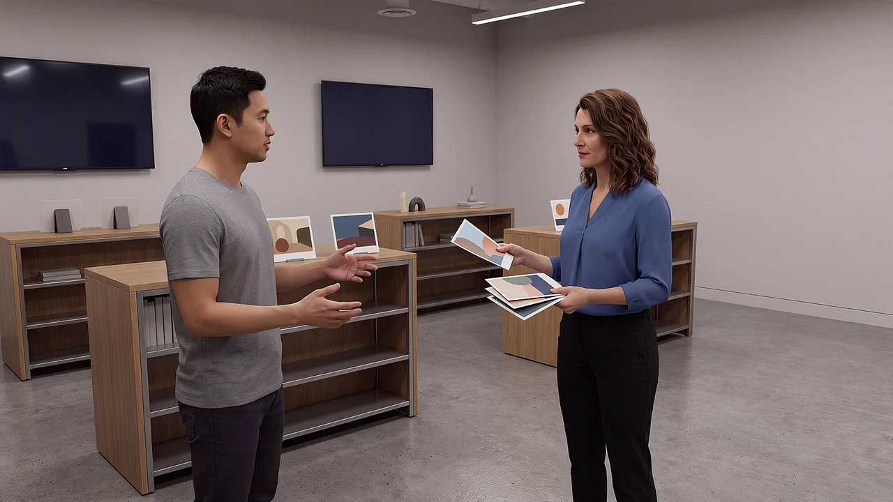 People compare VR Library scene cards at a table.