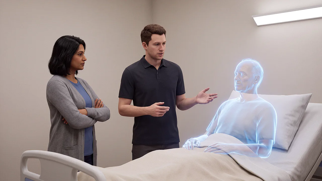 A clinician addresses a holographic patient. A VR training scenario for mixed reality.