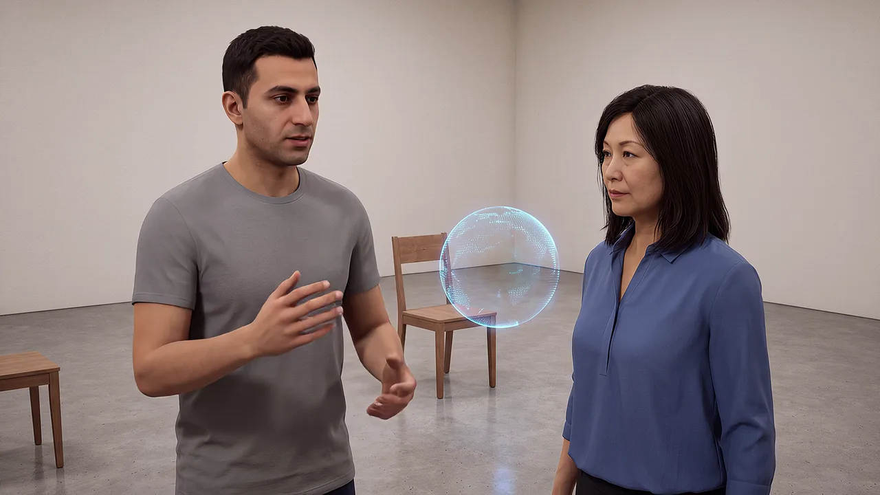 A holographic ball passes behind a chair. A VR training scenario for mixed reality.