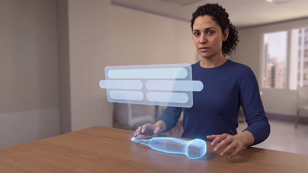 A holographic instrument rests on a table. A first person VR training scenario for mixed reality, seen through the headset.
