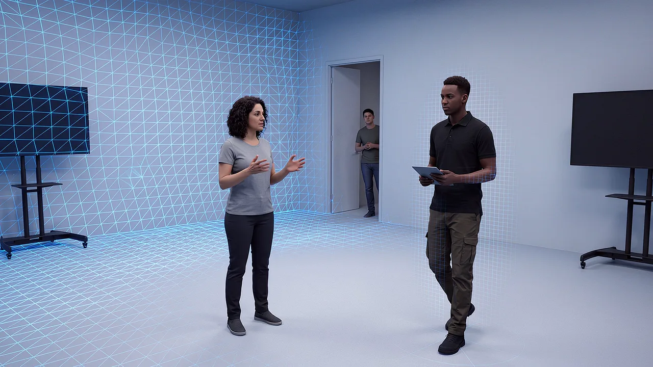 People watch a spatial mesh form. A VR training scenario for mixed reality.