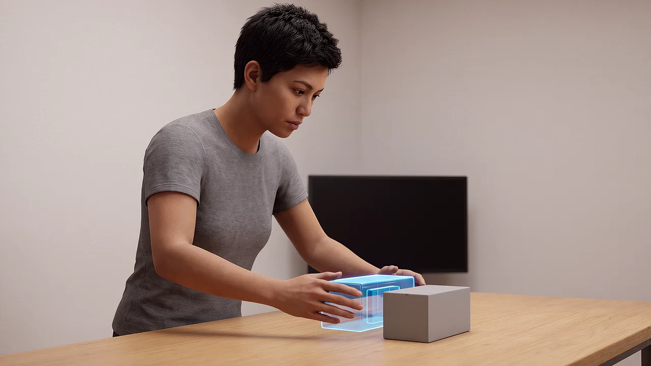 A participant aligns a virtual part. A VR training scenario for mixed reality.