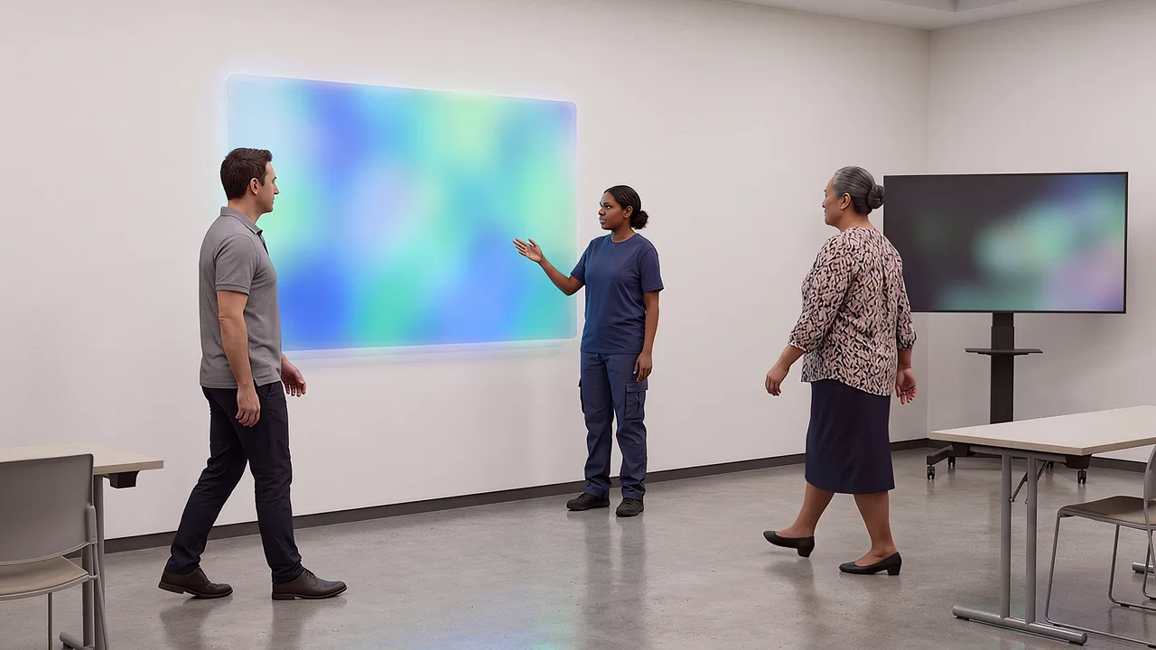Three people inspect a virtual panel. A VR training scenario for mixed reality.