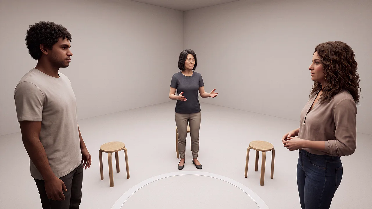 People stand in a plain room, a woman gesturing as she speaks, wooden stools beside them, comparing the choices they made in a scenario.