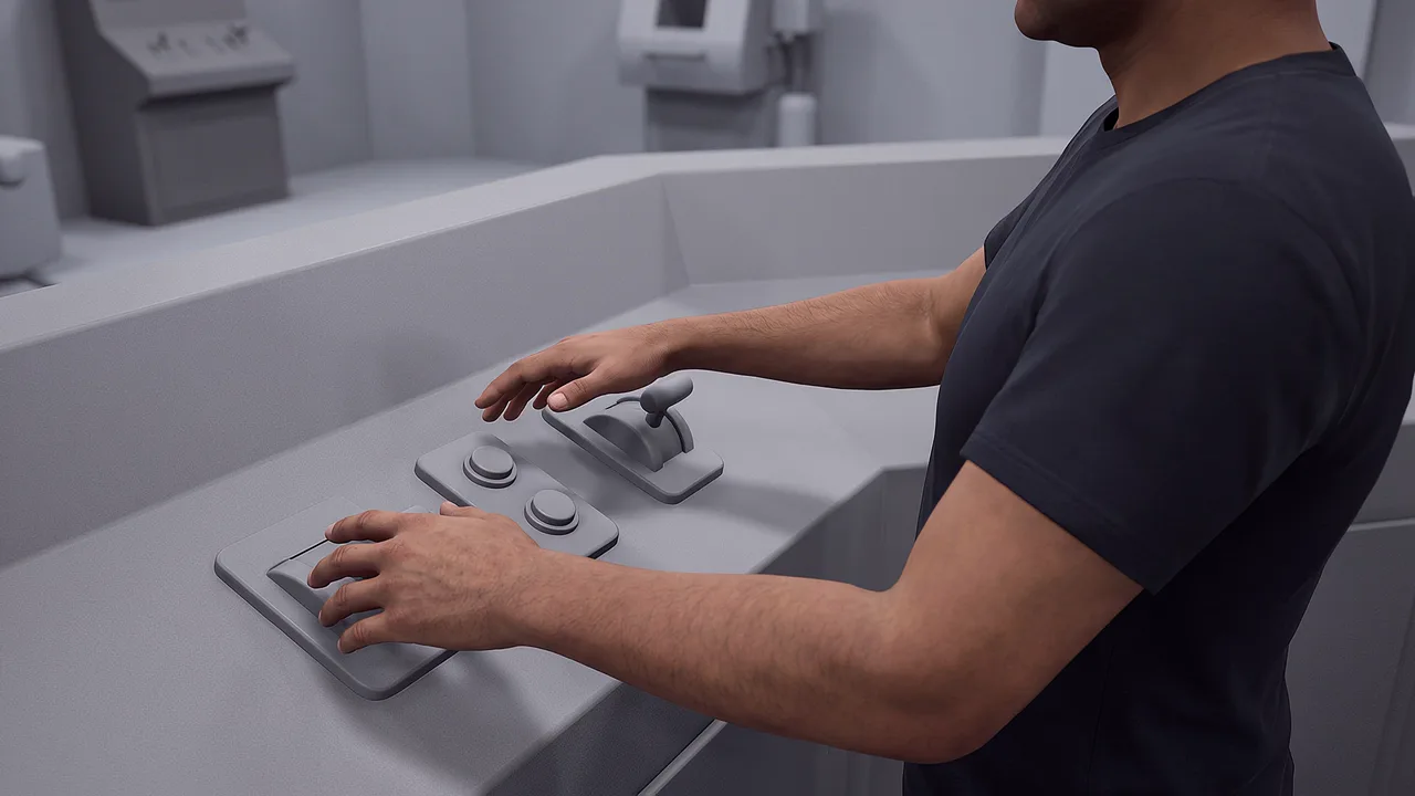 Virtual hands reach toward controls. A first person VR training scenario for virtual reality training and simulation, seen through the headset.