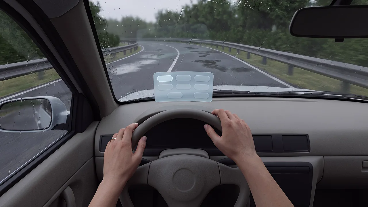 Virtual hands hold a wheel beside a road. A first person VR training scenario for virtual reality training and simulation, seen through the headset.