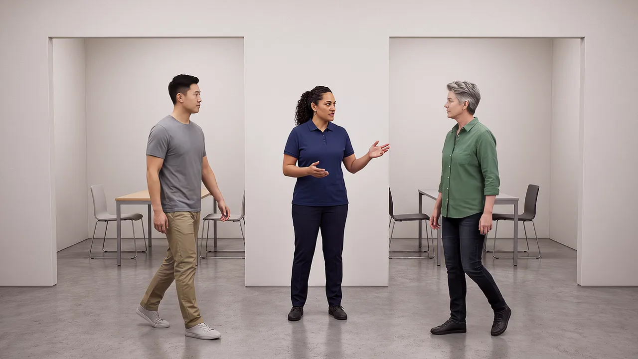 Two people swap perspectives inside a scenario.