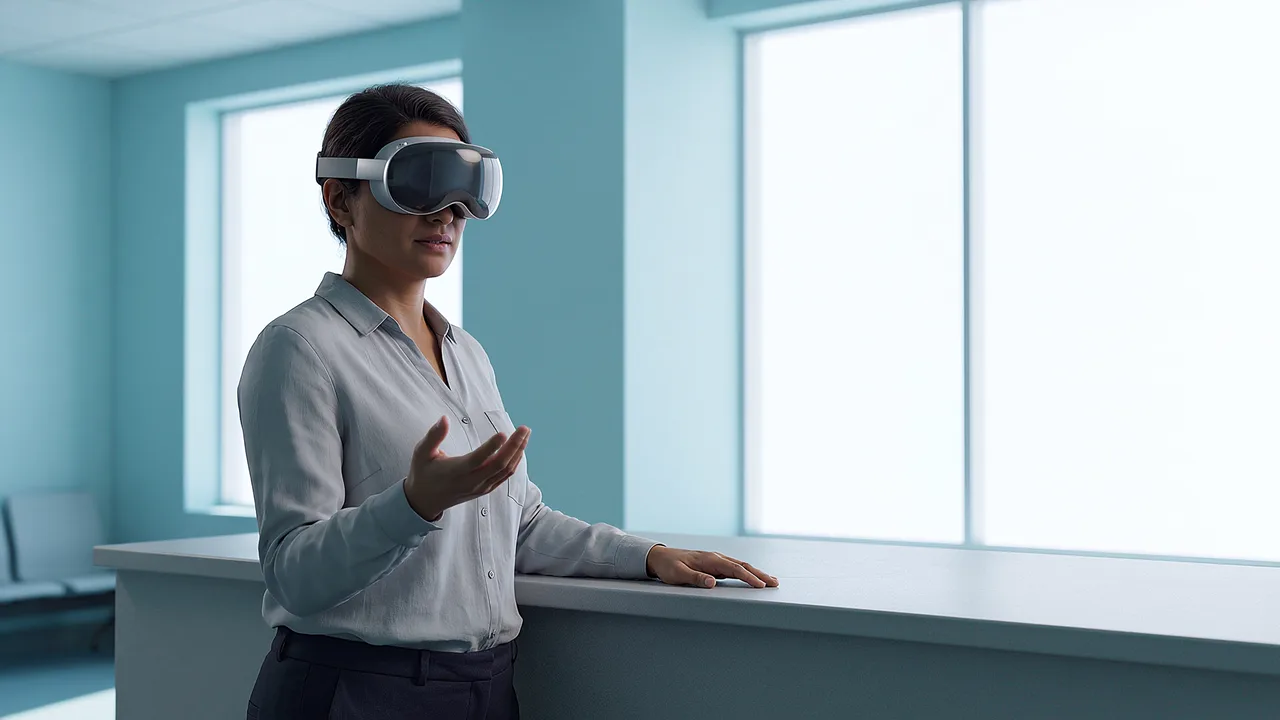 A woman wearing a headset stands at a service counter by a window and gestures with one hand.