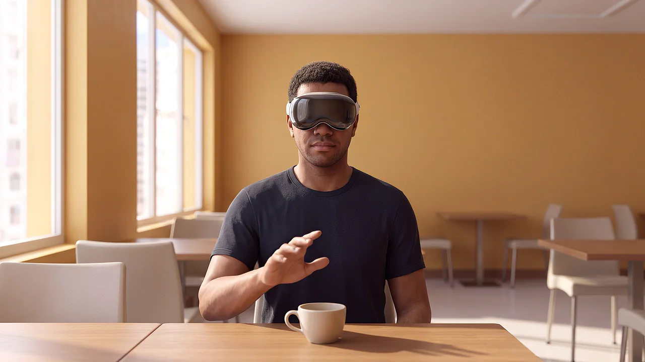 A man wearing a headset raises a hand above a plain cup at a cafe table, rehearsing a service moment. An AI roleplay scenario for applied AI in sensitive conversations.