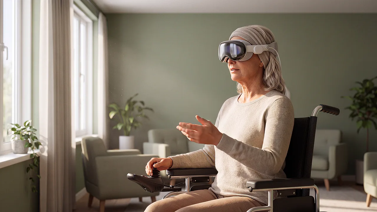 A headset-wearing wheelchair user raises a hand. An AI roleplay scenario for AI roleplay and practice.