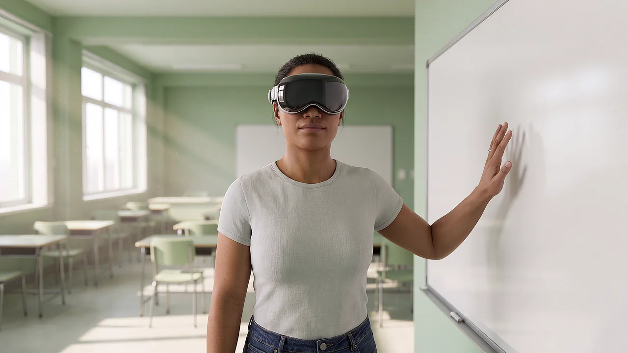 A headset-wearing teacher gestures beside a blank board. An AI roleplay scenario for AI roleplay and practice.