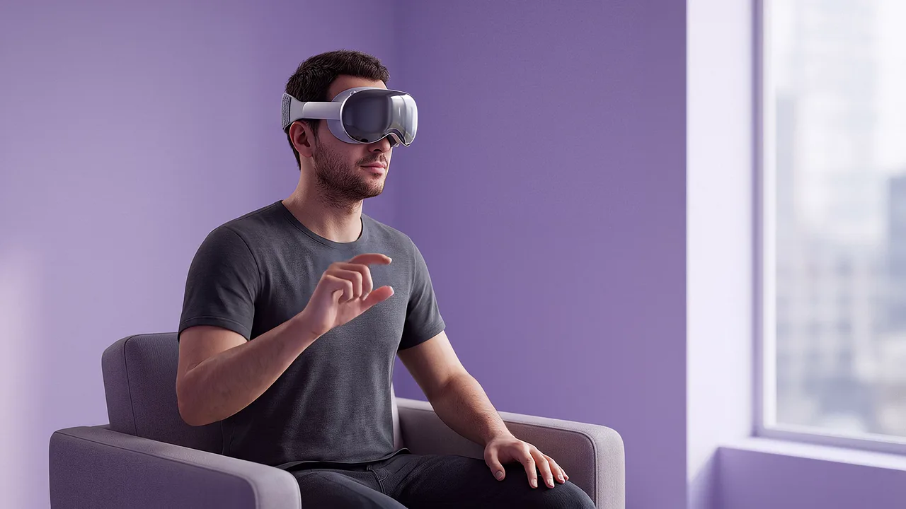 A man wearing a headset sits in a plain chair and pinches above its arm, testing the interview chair from the seat. An AI roleplay scenario for applied AI in sensitive conversations.