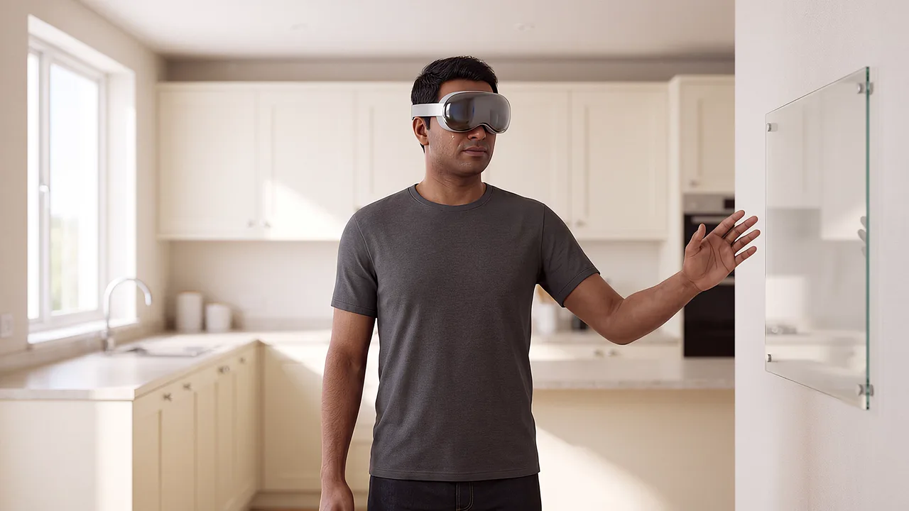 A man wearing a headset gestures with one hand in a bright kitchen, a sink and cupboards behind him. A VR cooking scene.