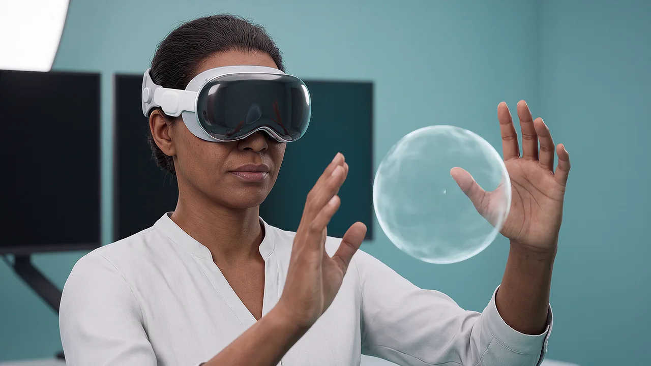A scientist practises an explanation while handling a model in the laboratory.
