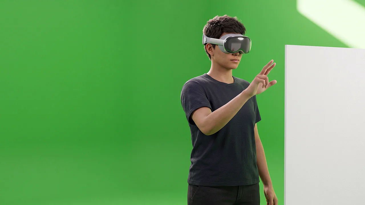 A person wearing a mixed-reality headset gestures toward an unseen panel, a mentoring session run inside a headset.