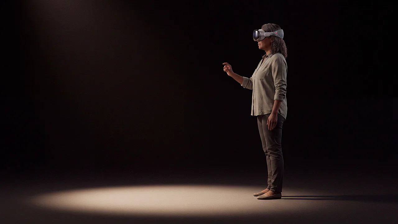A headset wearer pinches towards pooled light. An AI roleplay scenario for AI roleplay and practice.