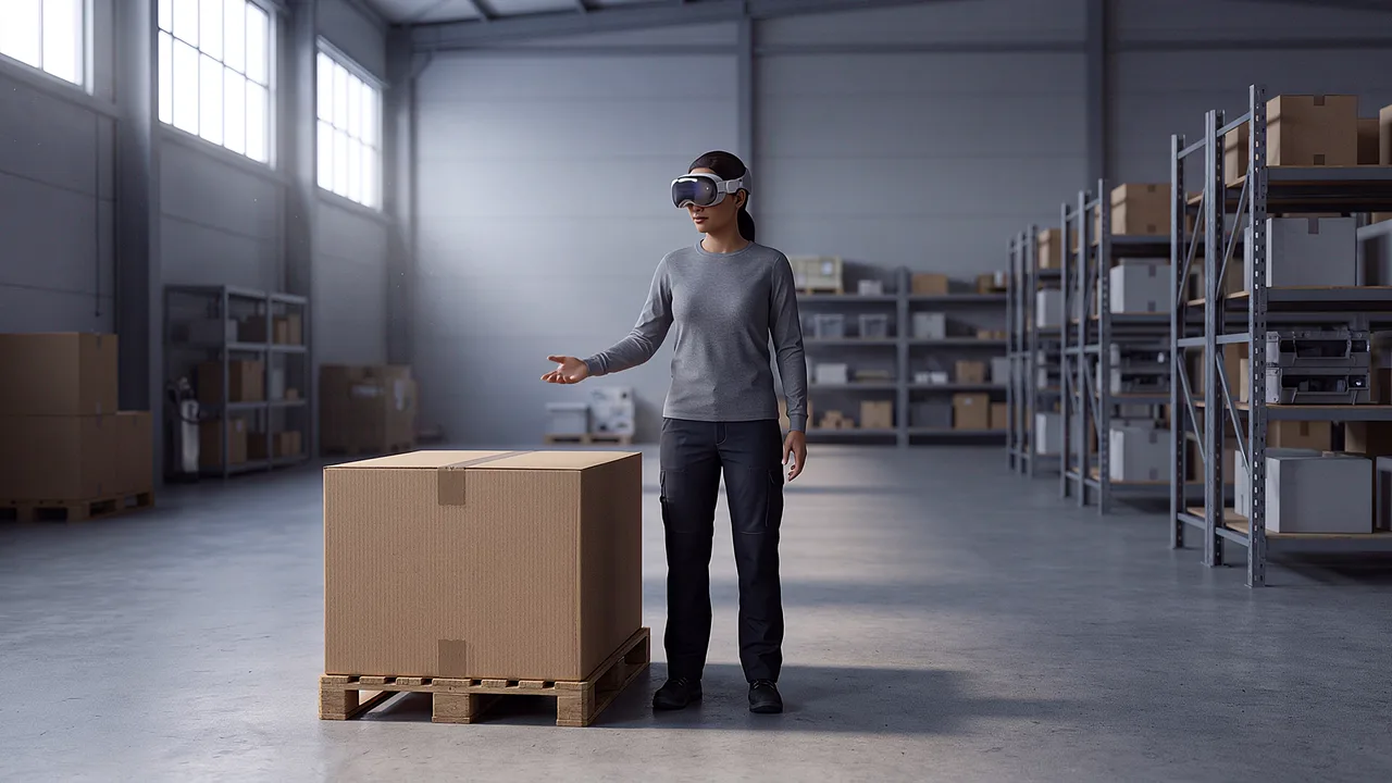 A warehouse worker rehearses a briefing beside the storage racks.