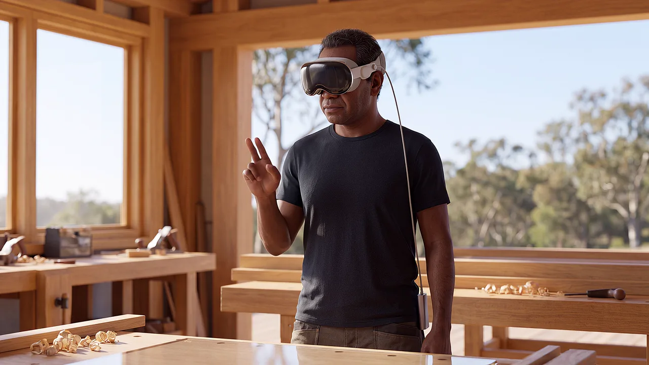 A maker wearing a headset gestures above a clear bench in a timber workshop, where a brief takes shape. An AI roleplay scenario for applied AI in sensitive conversations.