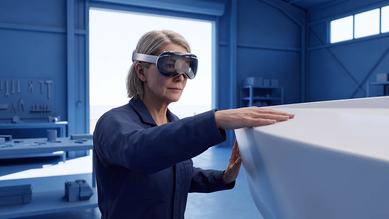 A boat designer checks the hull shape in the workshop.