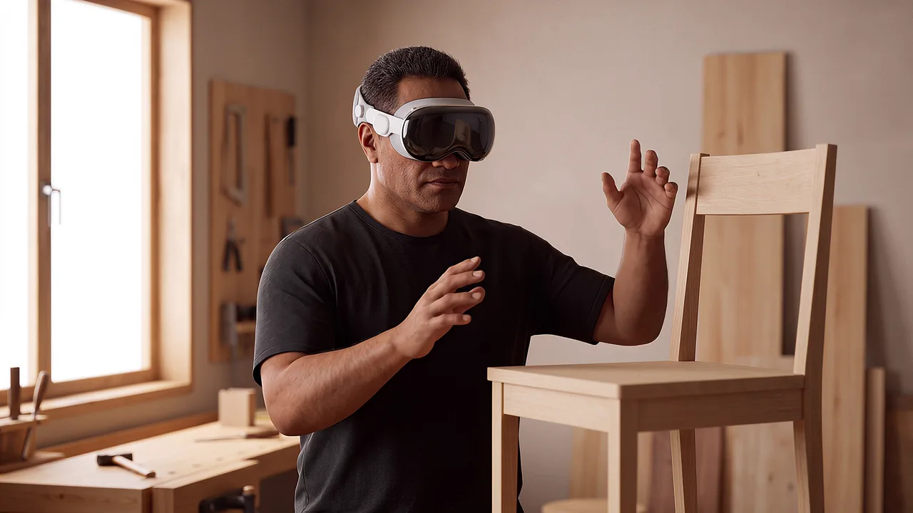A furniture designer checks a chair model at the workshop bench.