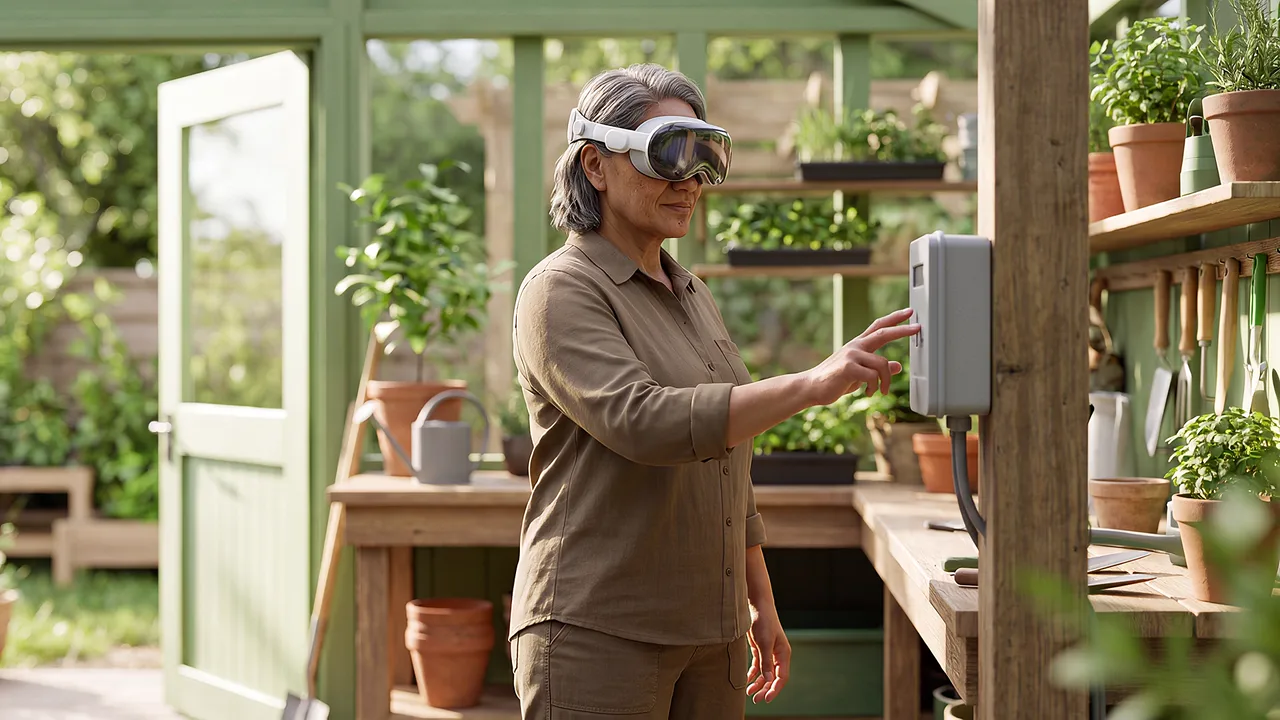 A gardener tries a module beside the greenhouse bench.