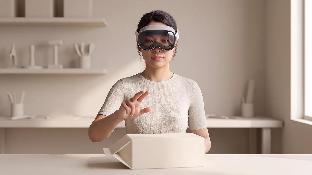 A designer tries a packaging fold at the studio bench.