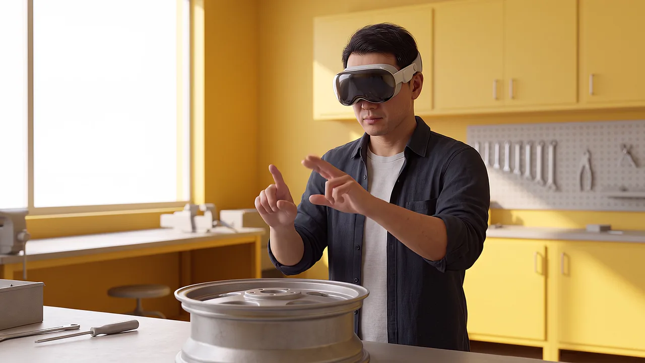 A toy mechanism turned over in a headset, a rapid prototyping scenario for fast builds.