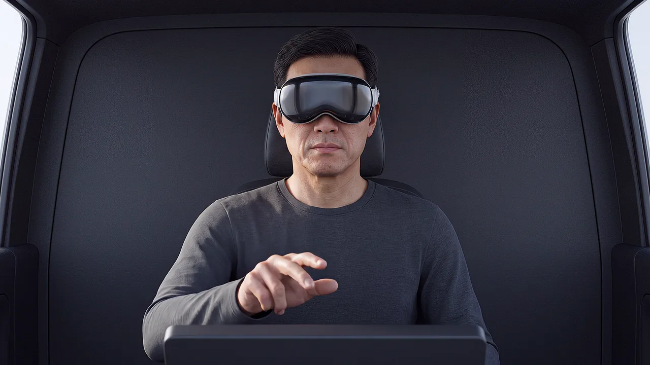 A man wearing a headset sits in a cabin seat and reaches forward with one hand.