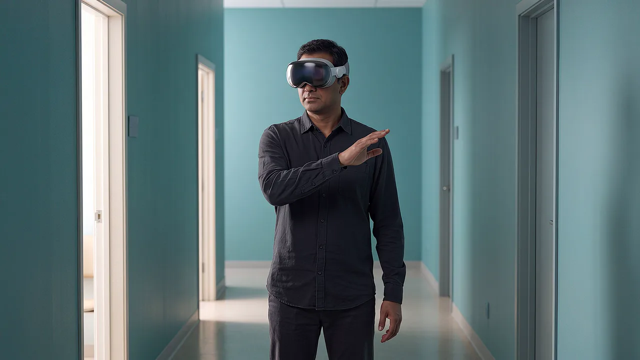A headset-wearing clinician gestures in a teal corridor. A first person VR training scenario for immersive training and roleplay, seen through the headset.