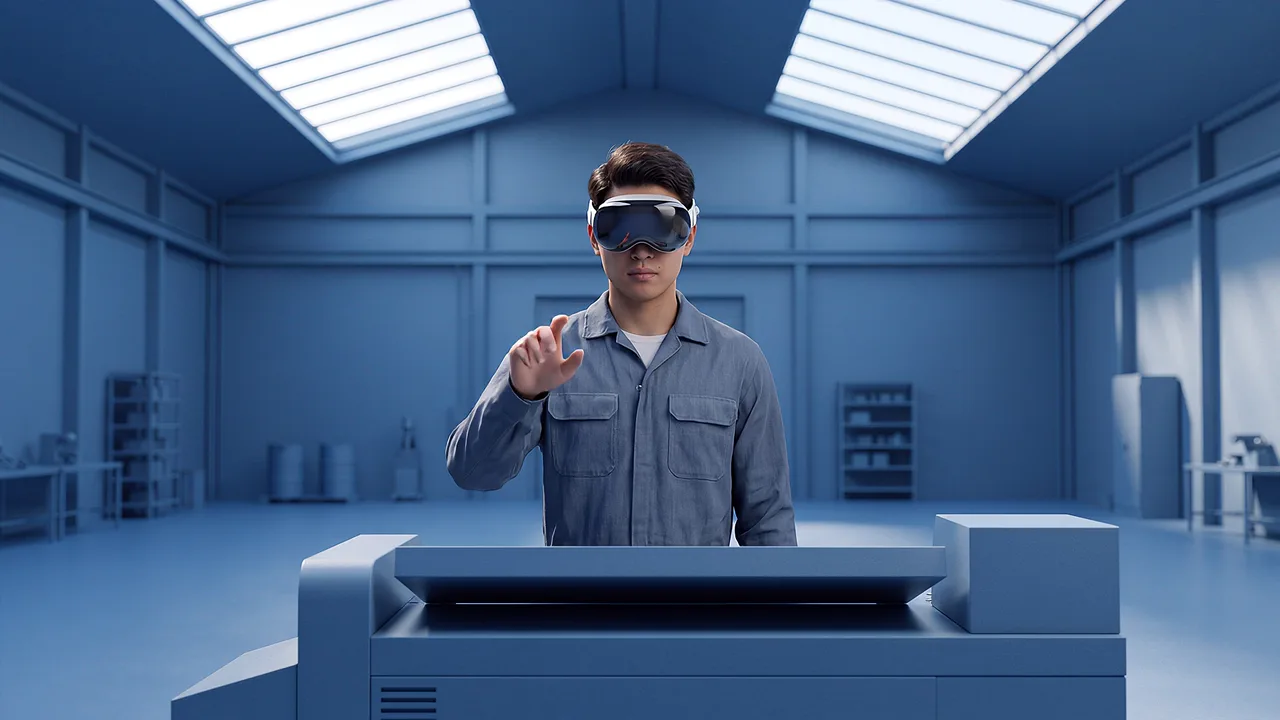A worker in a headset rehearses a sequence at a factory workstation.