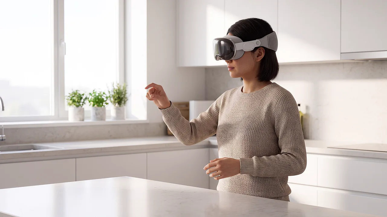 A woman wearing a headset pinches her fingers above a kitchen bench, herbs on the windowsill behind her.