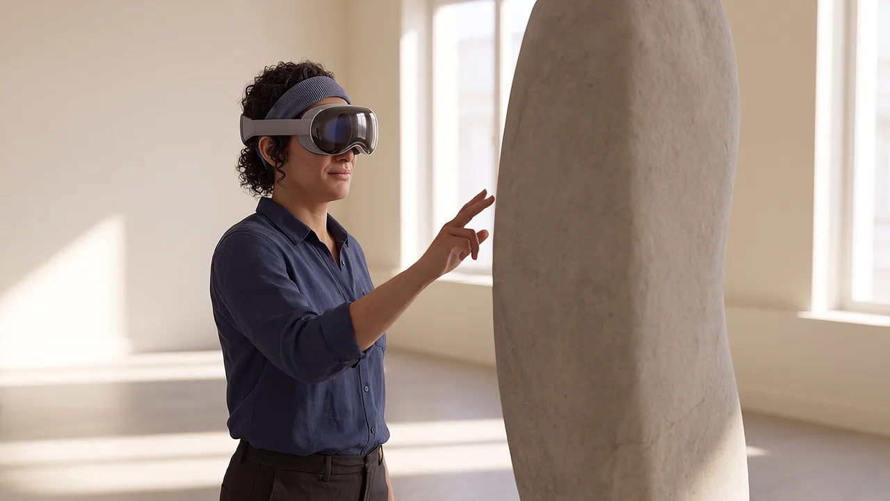 A museum guide practises directing attention towards a gallery sculpture.