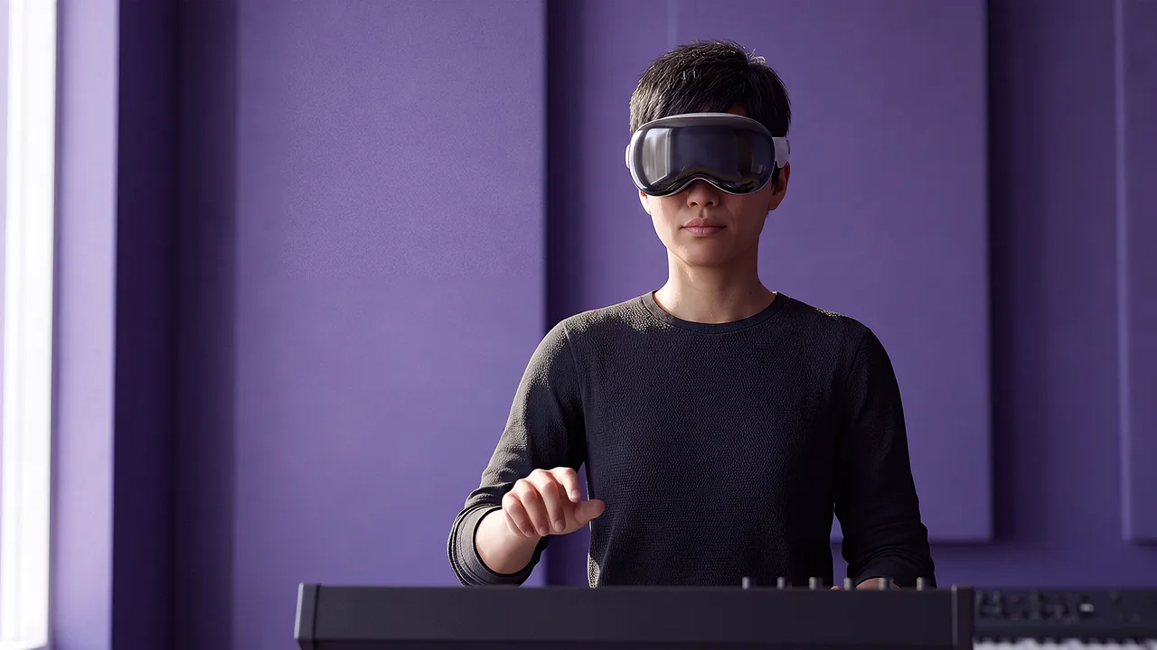 A musician wearing a headset plays a keyboard in a purple-lit studio, a rapid prototyping scenario for games and interactive experiences.