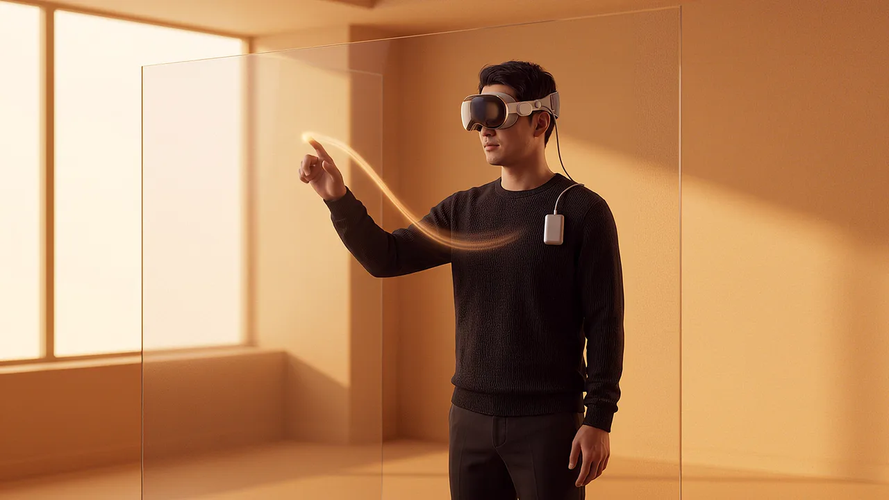 A man wearing a headset points into the air in a bright office, a VR workplace scenario.