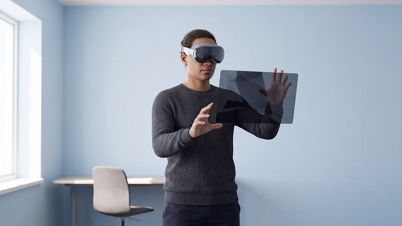 A man wearing a headset stands in a pale blue office and raises a hand toward a floating dark panel.