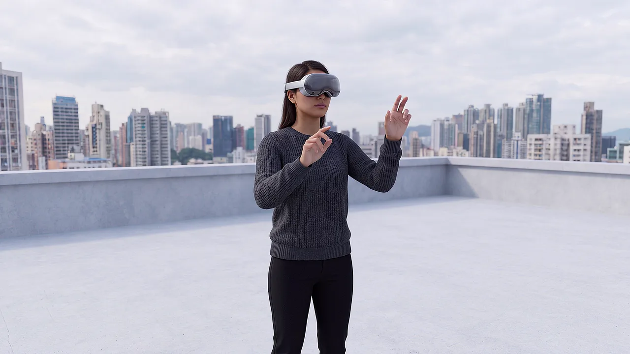 A learner tries hand tracking with a standalone headset on a rooftop.