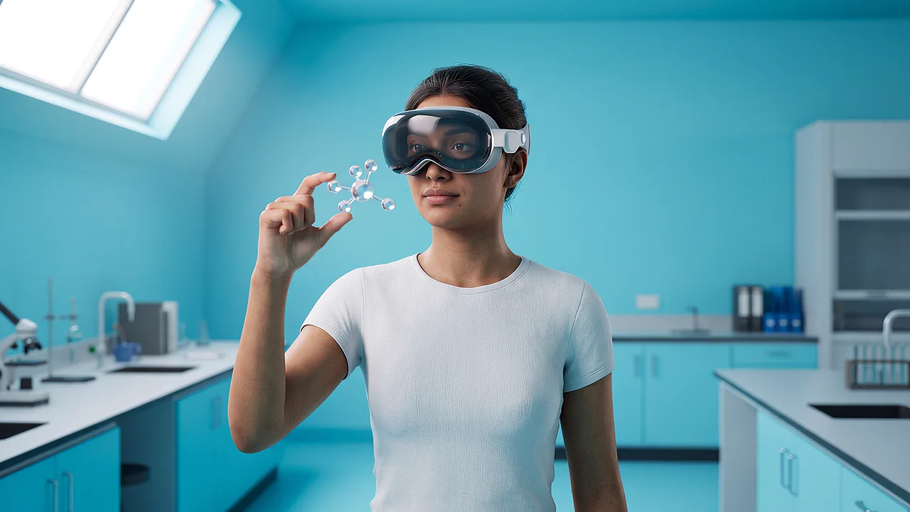 A teacher wearing a headset holds a small molecular model up to the light in a school science laboratory. A VR scene for education.