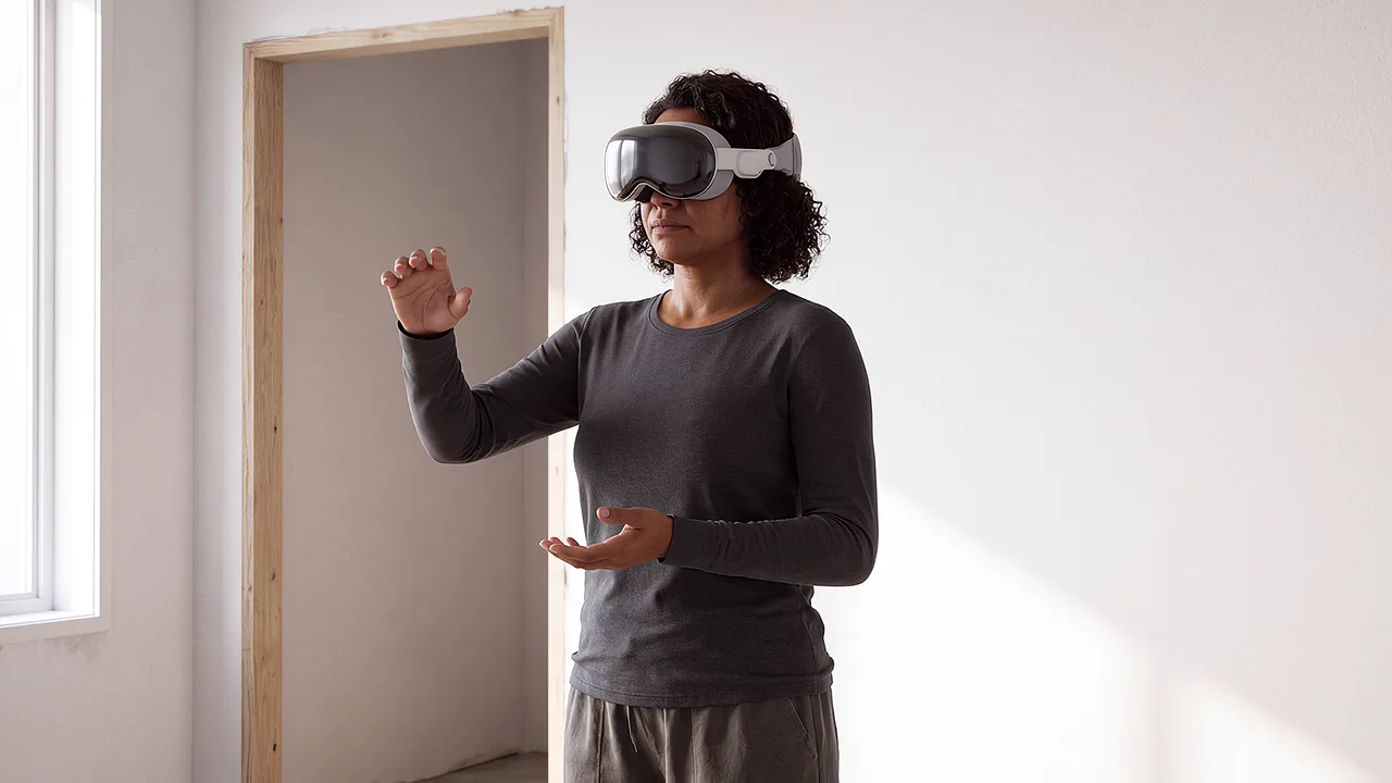 A builder rehearses measuring the space inside an unfinished room.