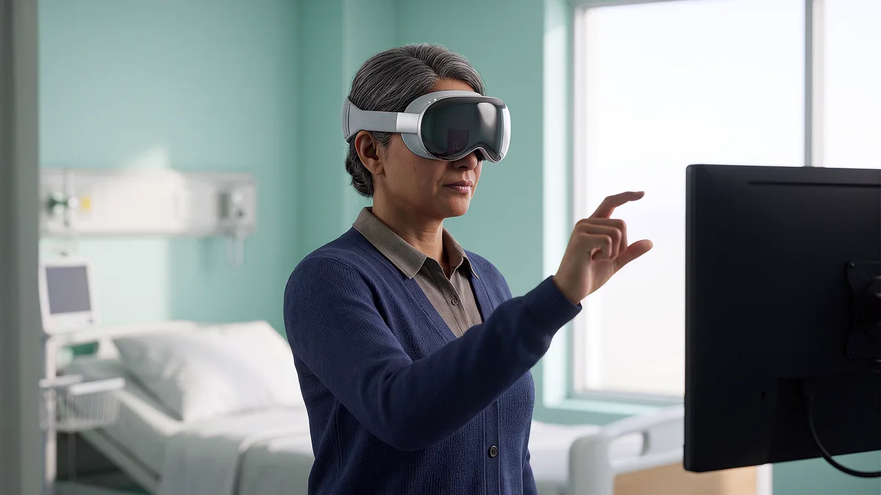 A clinician rehearses a ward round beside the bedside screen.