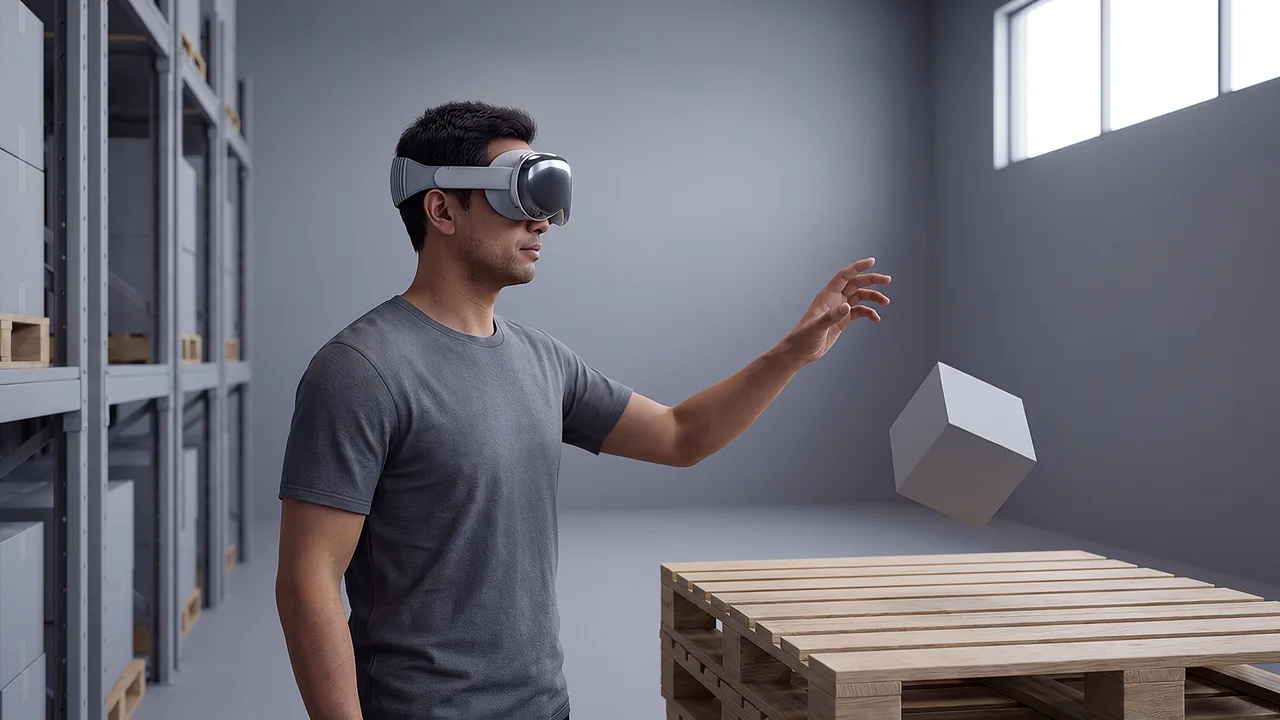A worker reaches toward an abstract cube. A first person VR training scenario for immersive training and roleplay, seen through the headset.