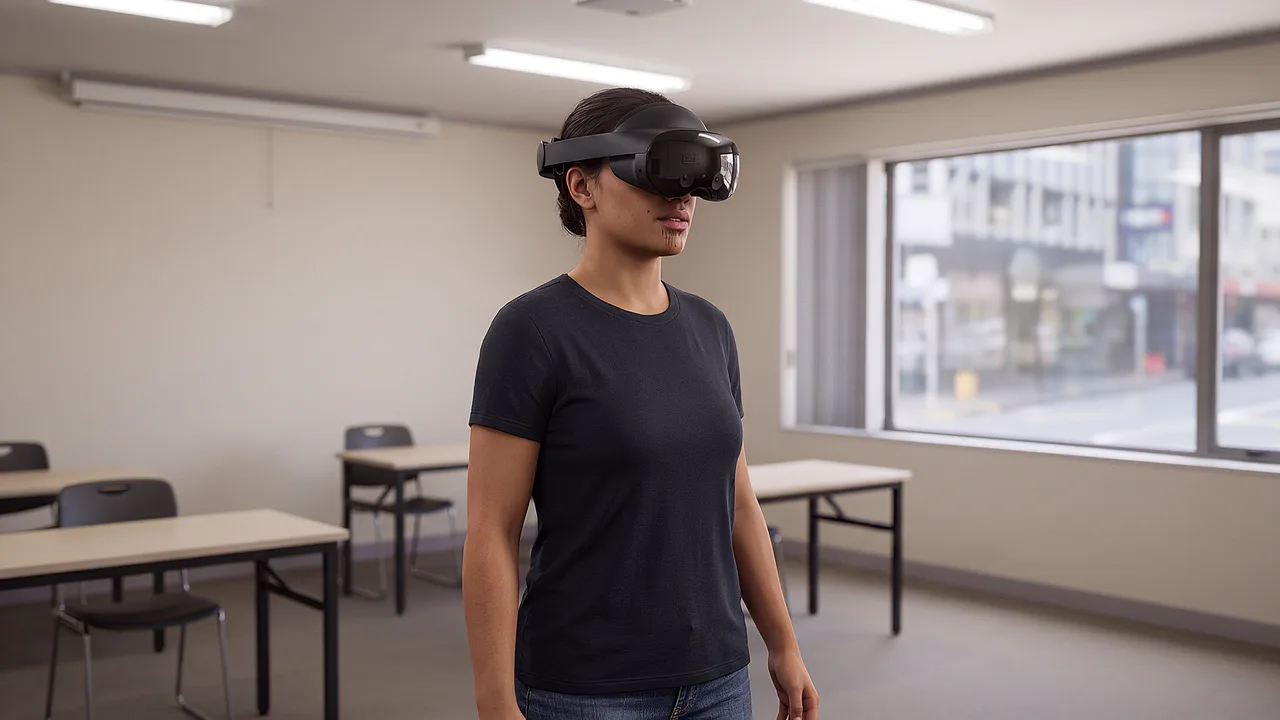 A woman wearing a headset stands in an empty classroom with desks and a window onto the street.