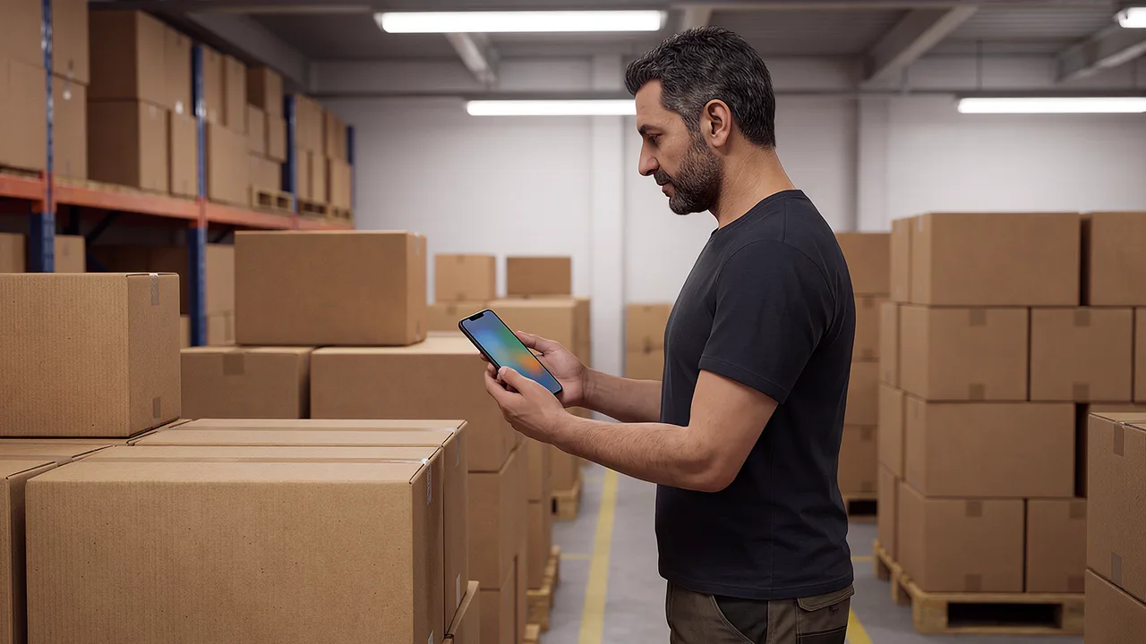 A warehouse picker checks a phone build between the racks. A rapid prototyping scenario for mobile experiences, from idea to working product.