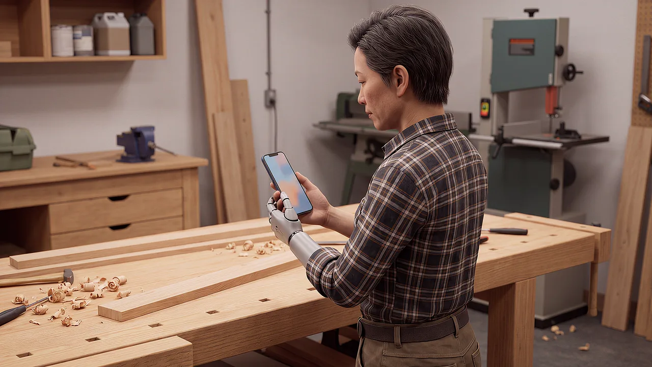 A woodworker checks a phone build at the bench, mid-job. A rapid prototyping scenario for fast builds.