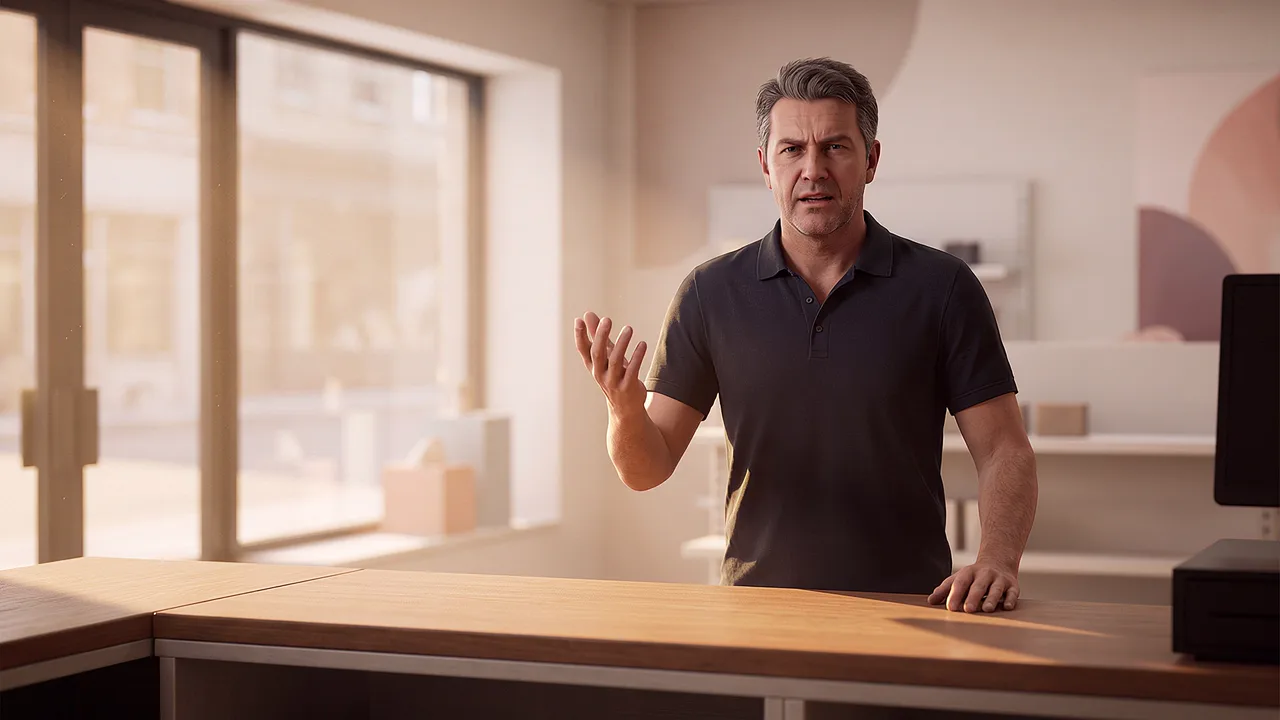 A customer speaks from behind an office desk, on screen, one hand raised mid-sentence.