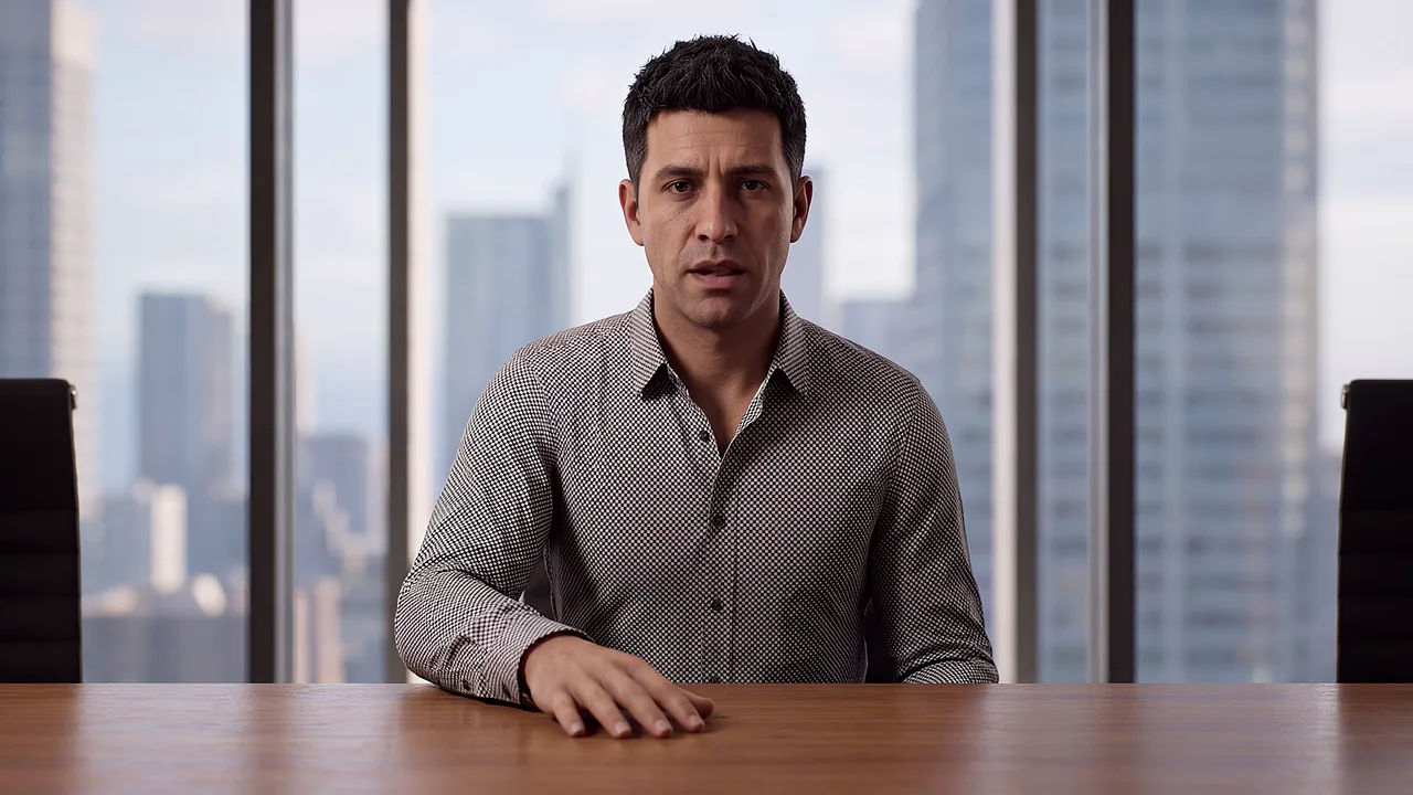 A manager pauses mid-sentence in a boardroom, a hand flat on the table, city towers filling the window behind.